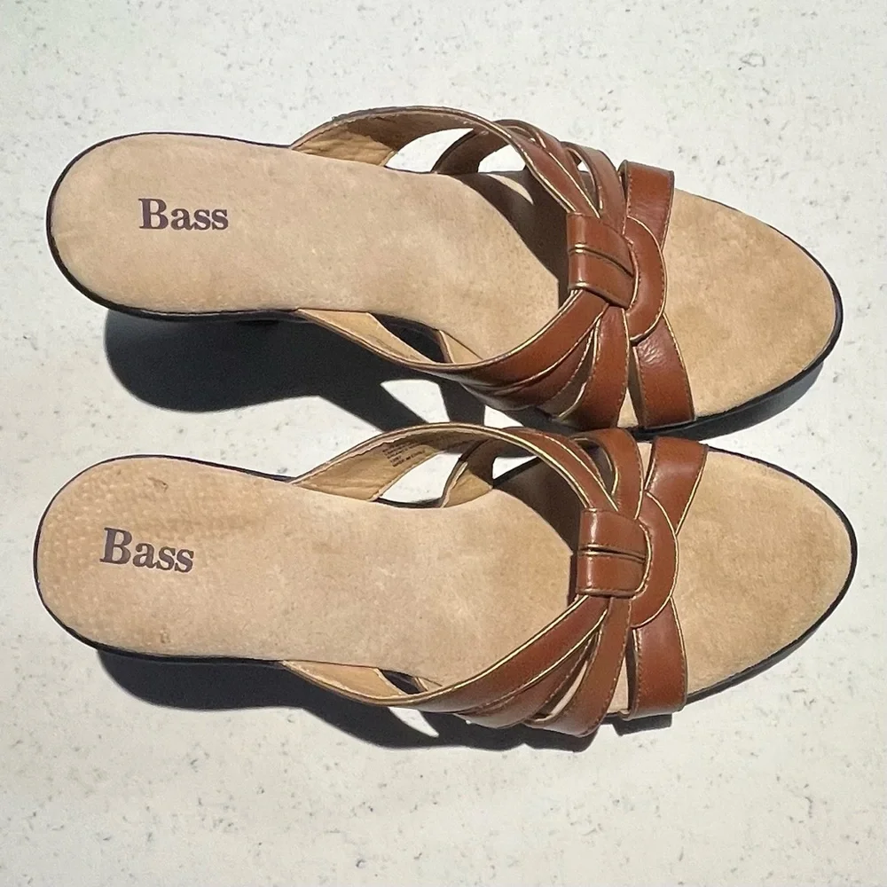 Bass Women's Sz 10 Brown Classic Vacation Travel Leather 3in Heel Slide Sandals
